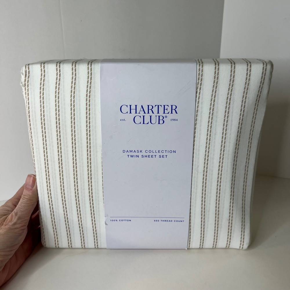 Charter Club Damask Collection Twin Sheet Set Cotton Stripe Ticking NIP‎